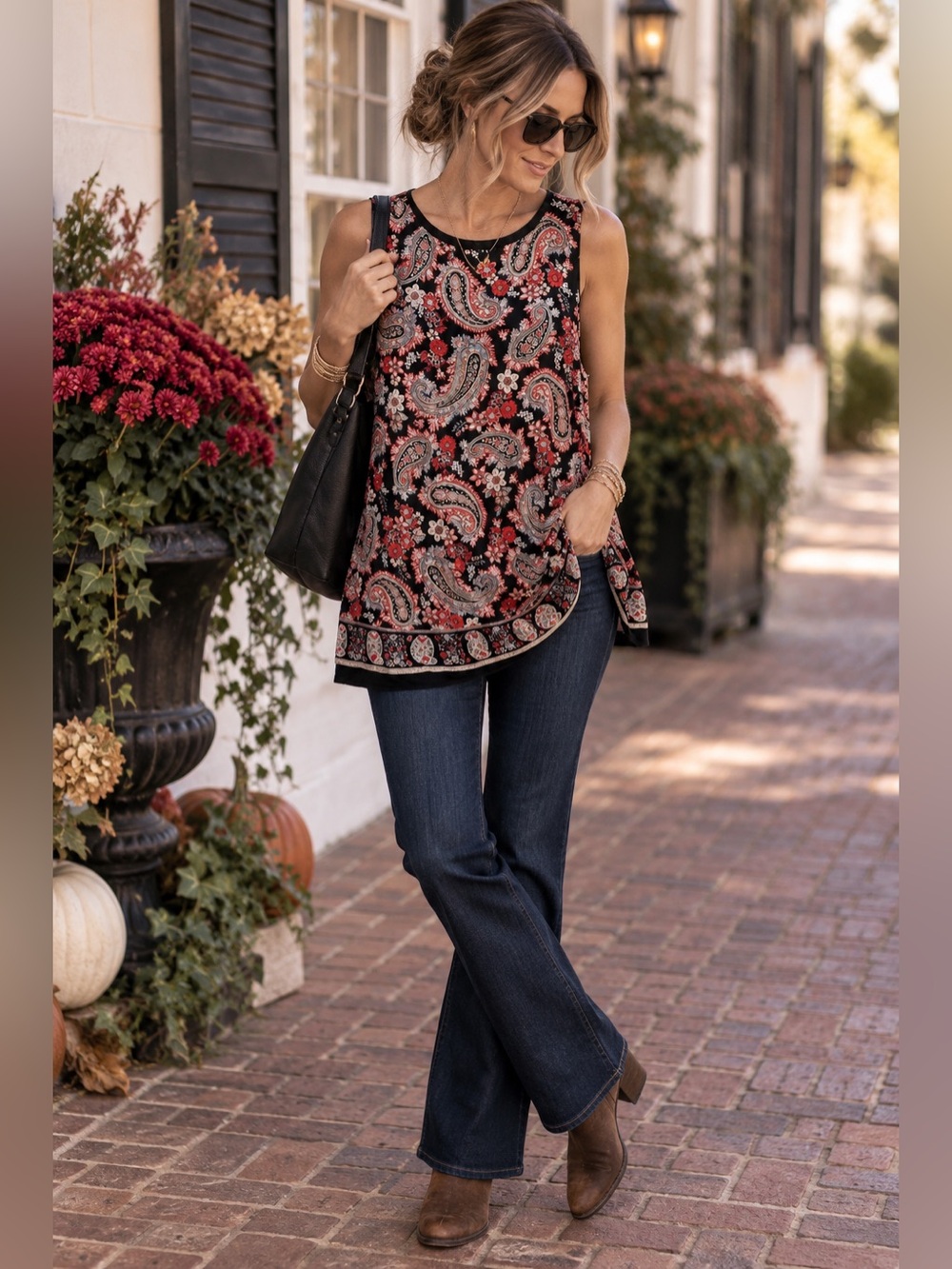 J.Jill Paisley Floral Tunic Top Women’s Large Black Red Sleeveless Fall Layering